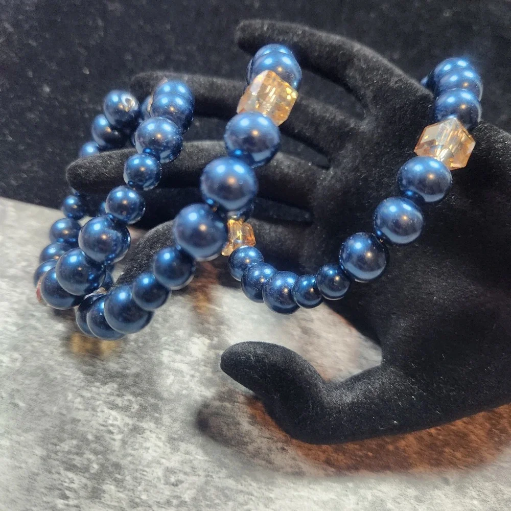 Blue glass Pearl and Amber Crystal Memory Wire Wrap Coil Bracelet